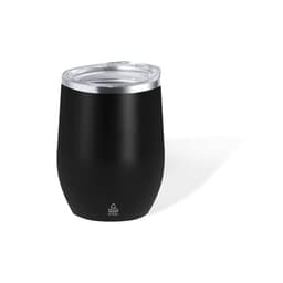 A drink bottle in matte black stainless steel with a clear lid, featuring a logo on the base.