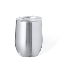 A stainless steel insulated cup with a sleek, silver finish and a clear lid. It features a simple design and a logo.