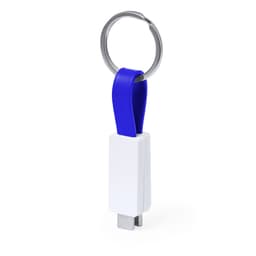 A blue and white charging cable situated on a keyring. The device features a compact, portable design.