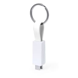 A white charging cable with a keyring attachment, featuring a sleek minimalist design.