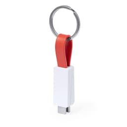A charging cable in white and red, attached to a key ring for convenience.