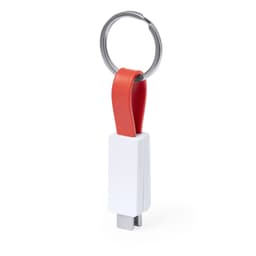 A white and red phone charging cable with a keyring attachment. It has a compact design for easy portability.