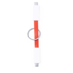 A red charging cable with silver connectors and white ends, featuring a circular keyring attachment.