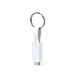A white charging cable with a key ring attachment for convenience, featuring a logo on the surface.