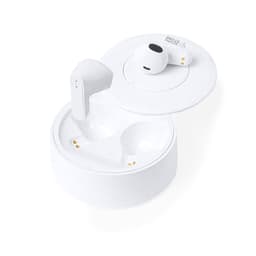 White earbuds in a circular charging case, featuring a sleek design and a logo on the case.