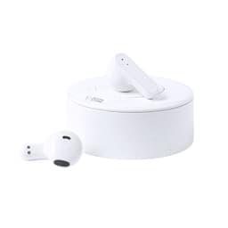 A pair of white earbuds beside a round charging case, featuring a textured white finish and a logo.