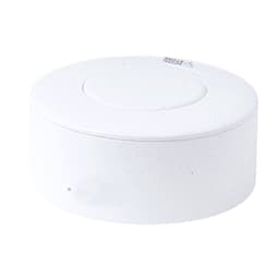 A round white container with a textured surface and a small logo on top, suitable for earbuds storage.