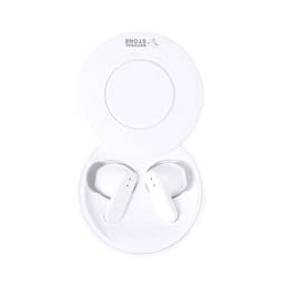 White earbuds housed in a round case, featuring a minimalist design and a subtle logo.