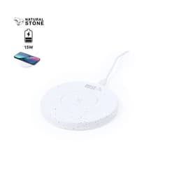 A white wireless charger with a speckled design, featuring a round shape and a connected cable.