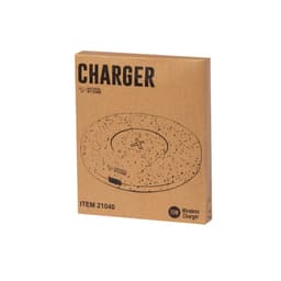 A wireless charger in natural stone design, packaged in a brown box with black text and a simple logo.