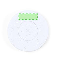 A white wireless charger with a speckled design and a central charging area. It includes a logo.