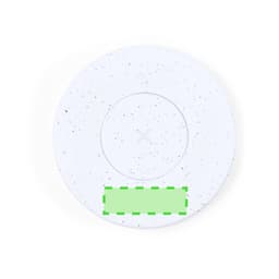 A round white wireless charger with a speckled design and a central charging area, featuring a logo.