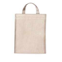 A cooler bag in a light beige colour, featuring a single handle and a textured exterior. It has a logo on the surface.