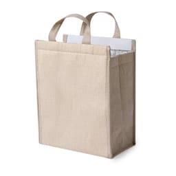 A cooler bag in natural beige with a white insulated interior and two sturdy handles. It features a logo.