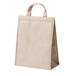 A beige cooler bag with a textured finish and a simple handle, featuring a branding logo.