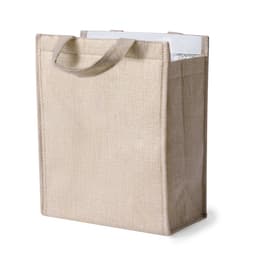 A beige cooler bag with sturdy handles and an insulated interior, designed for keeping items cool.