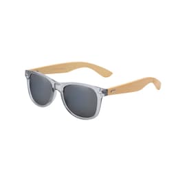 Sunglasses with a clear frame and wooden arms, featuring dark grey lenses and a simple logo on the side.