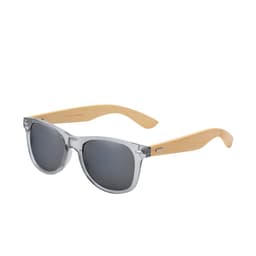 Sunglasses with clear frames and wooden arms, featuring dark lenses and a sleek design.