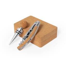 A corkscrew and wine pourer set on a cork base. The corkscrew features a silver finish with a cork handle.