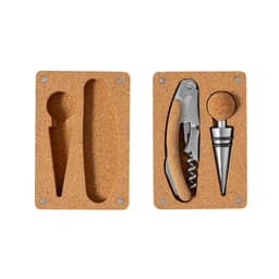 A cork storage case containing a corkscrew and a wine pourer, featuring a silver and natural cork colour scheme.