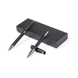 A black metal pen set displayed in a sleek black box, featuring a pen with a separate cap.