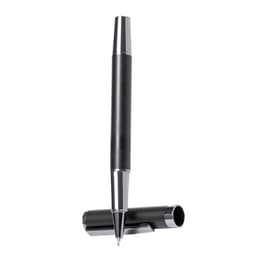 A black metal pen with silver accents, positioned upright next to its cap, featuring a branding logo.