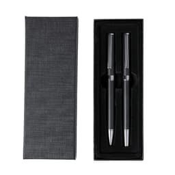 A gift set featuring two black metal pens in a sleek black presentation box with a textured finish.