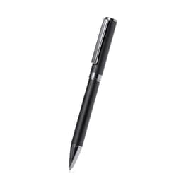 A black metal pen with a sleek design and silver accents. It features a clip and has branding.