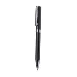 A black metal pen featuring a sleek design and silver accents. The pen has a clip and a glossy finish.
