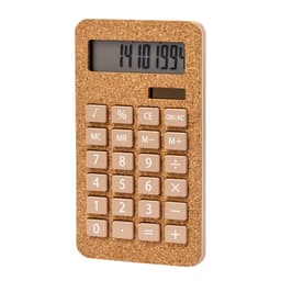 A calculator with a cork exterior and beige buttons, featuring a digital display for numbers.