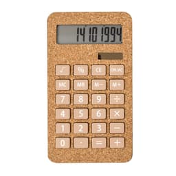 A cork-textured calculator in beige tones, featuring a digital display and a standard keypad layout.