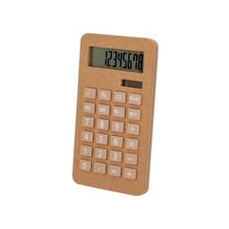 A cork-textured calculator in beige with an LCD display and pink buttons. It features a sleek, minimalist design.
