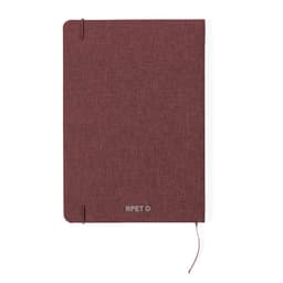 A burgundy notebook with a textured cover, featuring an elastic closure and a logo on the front.