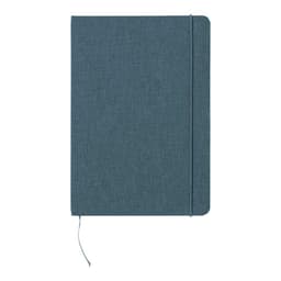 A navy blue notebook with a textured cover, featuring an elastic band and a ribbon bookmark.