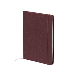A burgundy notebook with a textured cover and an elastic band closure, featuring a ribbon bookmark.