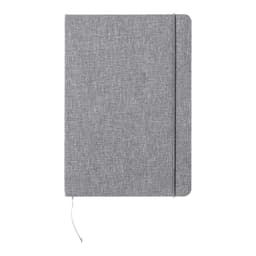 A grey notebook with a textured cover and an elastic band closure, featuring a ribbon bookmark.