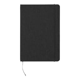 A black notepad with a textured cover, featuring an elastic band closure and a ribbon bookmark.