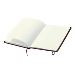 An open notebook with blank pages, featuring a dark brown cover and a ribbon bookmark.