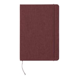 A maroon notepad with a textured cover, featuring an elastic band closure and a ribbon bookmark.