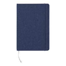 A dark blue notepad with a textured cover and an elastic band closure. It has a bookmark ribbon and a logo.
