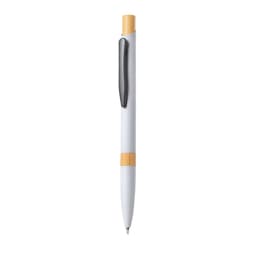 A metal pen with a white barrel and bamboo accents, featuring a black clip.