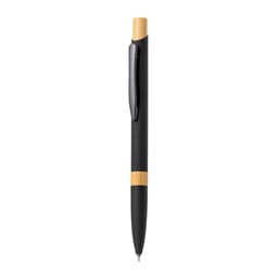 A metal pen with a black barrel and bamboo accent. Features a silver clip and a sleek design.