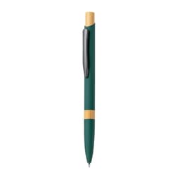 A green metal pen with a bamboo accent and a silver clip, featuring a branding logo.
