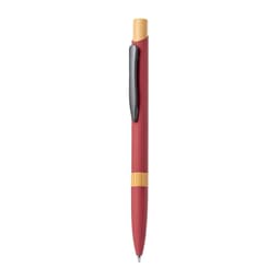 A metal pen with a red barrel and bamboo accent, featuring a black clip and nib. It has a branding logo.