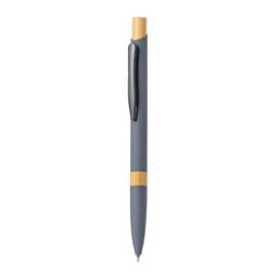 A grey metal pen with a bamboo accent and a clip, featuring a logo on the barrel.