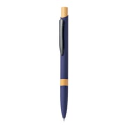 A metal pen in navy blue with a bamboo accent and a clip. The pen features a branding logo.