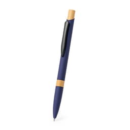 A metal pen featuring a dark blue body and a bamboo accent, with a clip and branding.