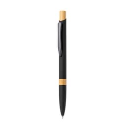 A metal pen featuring a black body with a bamboo accent and a clip. It has a sleek, modern design.