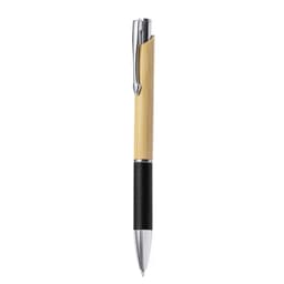 A wooden pen with a bamboo body and a black textured grip, featuring a silver clip and nib.