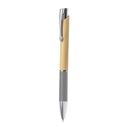 A wooden pen with a bamboo barrel, grey grip, and metallic accents, featuring a branding logo.